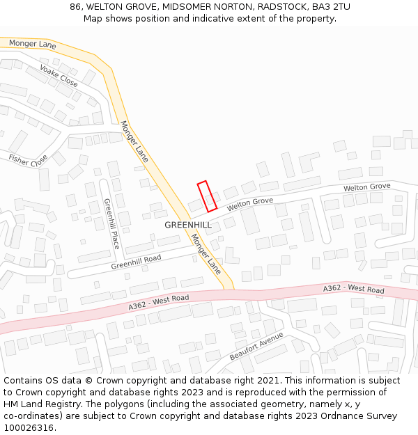 86, WELTON GROVE, MIDSOMER NORTON, RADSTOCK, BA3 2TU: Location map and indicative extent of plot