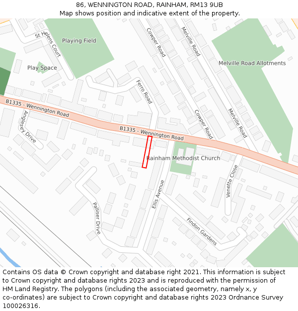 86, WENNINGTON ROAD, RAINHAM, RM13 9UB: Location map and indicative extent of plot