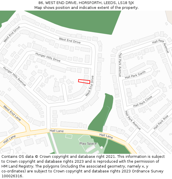 86, WEST END DRIVE, HORSFORTH, LEEDS, LS18 5JX: Location map and indicative extent of plot