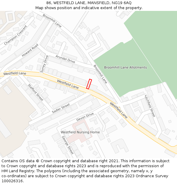 86, WESTFIELD LANE, MANSFIELD, NG19 6AQ: Location map and indicative extent of plot