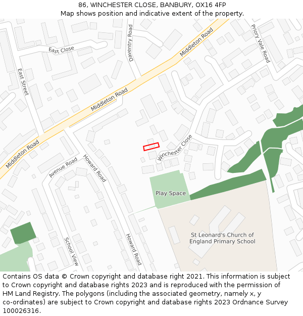 86, WINCHESTER CLOSE, BANBURY, OX16 4FP: Location map and indicative extent of plot