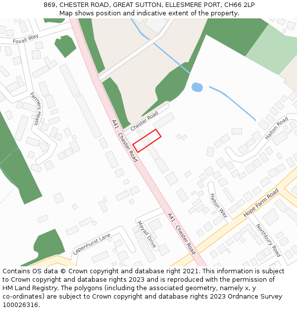 869, CHESTER ROAD, GREAT SUTTON, ELLESMERE PORT, CH66 2LP: Location map and indicative extent of plot