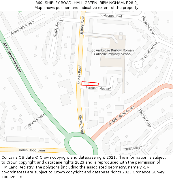 869, SHIRLEY ROAD, HALL GREEN, BIRMINGHAM, B28 9JJ: Location map and indicative extent of plot