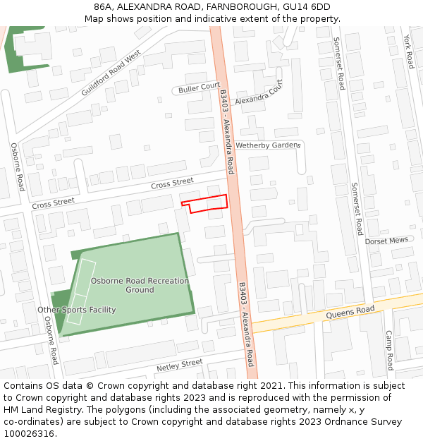 86A, ALEXANDRA ROAD, FARNBOROUGH, GU14 6DD: Location map and indicative extent of plot