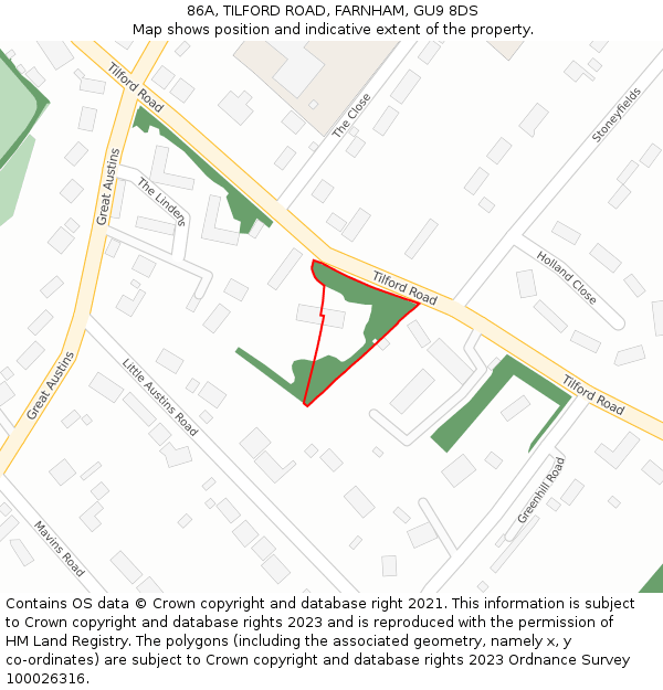 86A, TILFORD ROAD, FARNHAM, GU9 8DS: Location map and indicative extent of plot