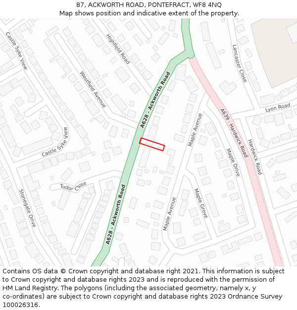 87, ACKWORTH ROAD, PONTEFRACT, WF8 4NQ: Location map and indicative extent of plot