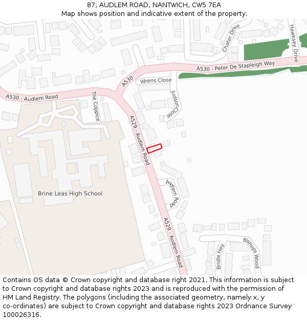 87, AUDLEM ROAD, NANTWICH, CW5 7EA: Location map and indicative extent of plot