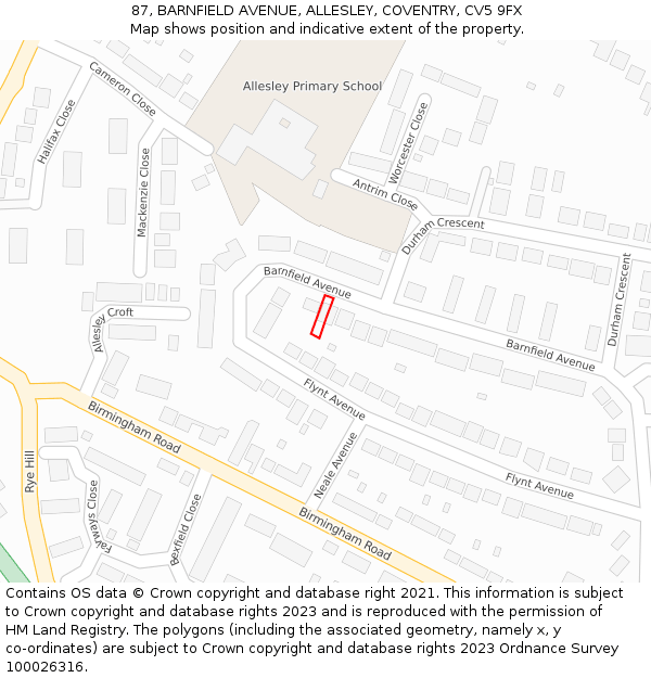 87, BARNFIELD AVENUE, ALLESLEY, COVENTRY, CV5 9FX: Location map and indicative extent of plot