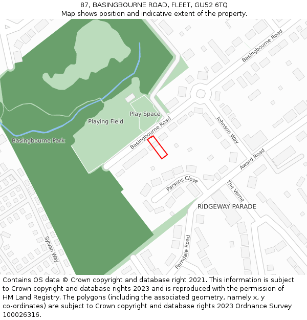 87, BASINGBOURNE ROAD, FLEET, GU52 6TQ: Location map and indicative extent of plot