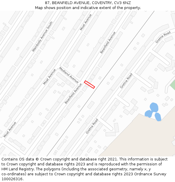 87, BEANFIELD AVENUE, COVENTRY, CV3 6NZ: Location map and indicative extent of plot