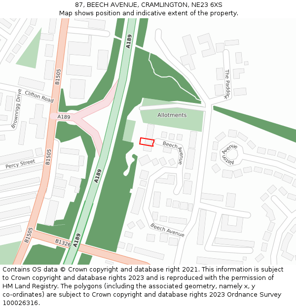 87, BEECH AVENUE, CRAMLINGTON, NE23 6XS: Location map and indicative extent of plot