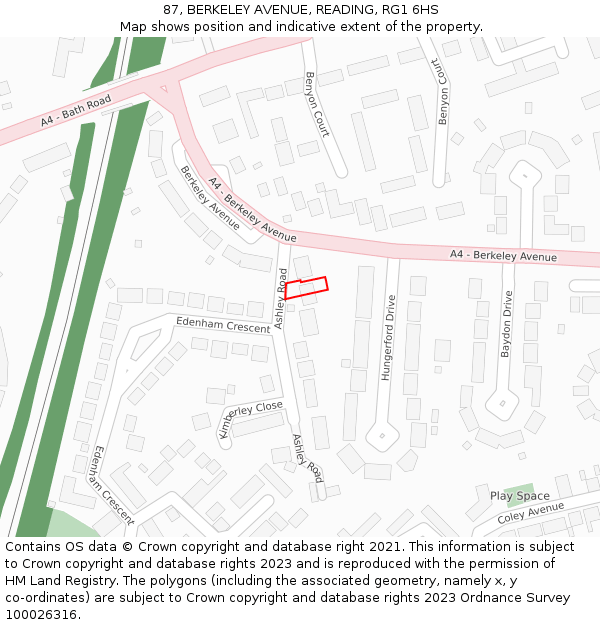 87, BERKELEY AVENUE, READING, RG1 6HS: Location map and indicative extent of plot