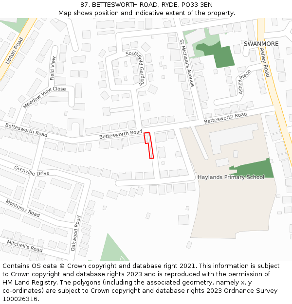 87, BETTESWORTH ROAD, RYDE, PO33 3EN: Location map and indicative extent of plot