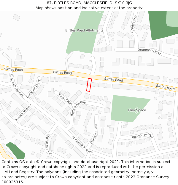 87, BIRTLES ROAD, MACCLESFIELD, SK10 3JG: Location map and indicative extent of plot