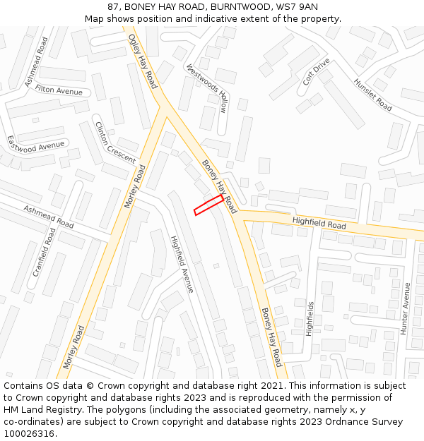 87, BONEY HAY ROAD, BURNTWOOD, WS7 9AN: Location map and indicative extent of plot