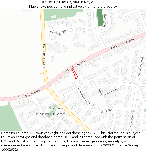 87, BOURNE ROAD, SPALDING, PE11 1JR: Location map and indicative extent of plot