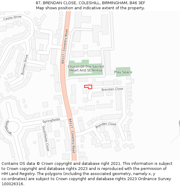 87, BRENDAN CLOSE, COLESHILL, BIRMINGHAM, B46 3EF: Location map and indicative extent of plot