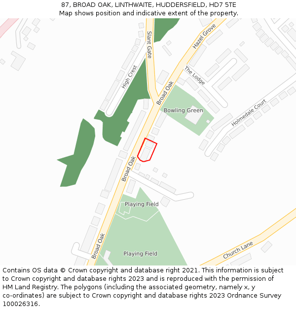 87, BROAD OAK, LINTHWAITE, HUDDERSFIELD, HD7 5TE: Location map and indicative extent of plot