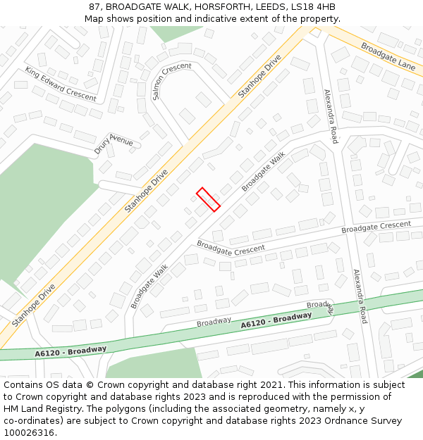 87, BROADGATE WALK, HORSFORTH, LEEDS, LS18 4HB: Location map and indicative extent of plot