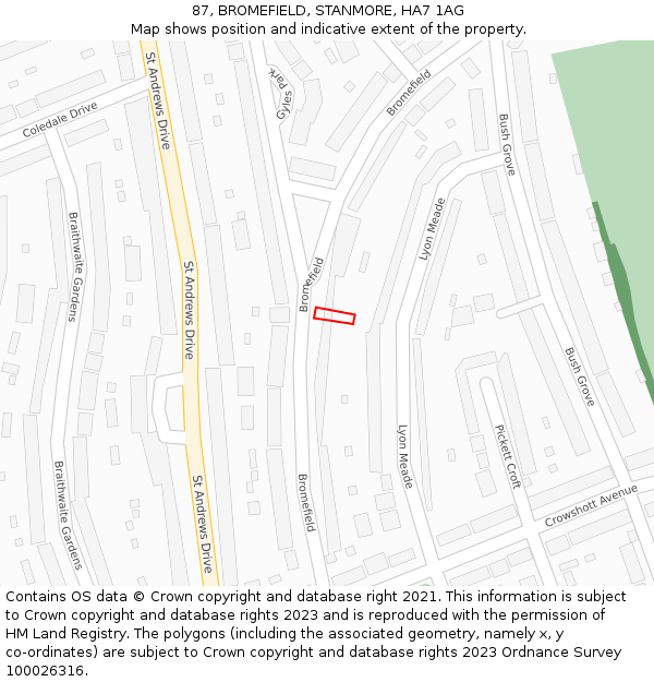 87, BROMEFIELD, STANMORE, HA7 1AG: Location map and indicative extent of plot