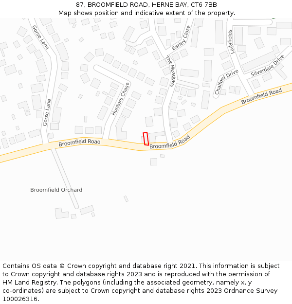 87, BROOMFIELD ROAD, HERNE BAY, CT6 7BB: Location map and indicative extent of plot