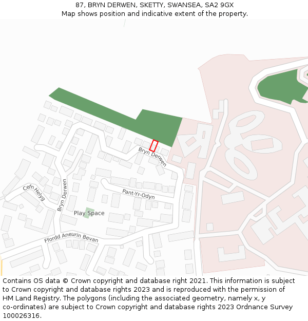 87, BRYN DERWEN, SKETTY, SWANSEA, SA2 9GX: Location map and indicative extent of plot