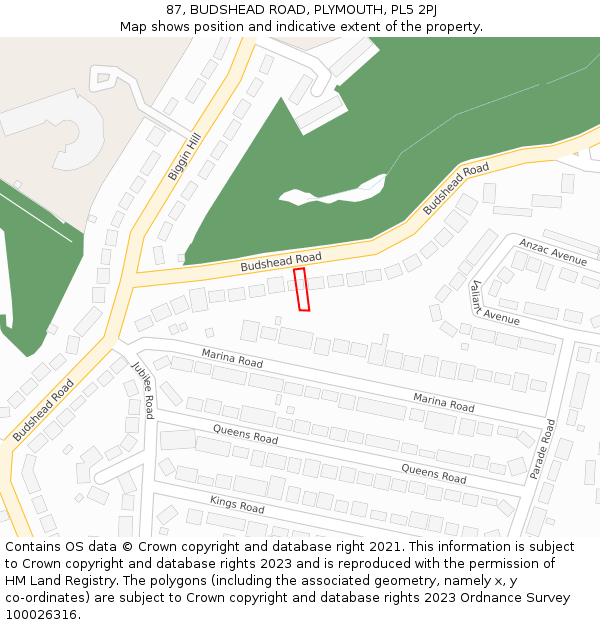 87, BUDSHEAD ROAD, PLYMOUTH, PL5 2PJ: Location map and indicative extent of plot