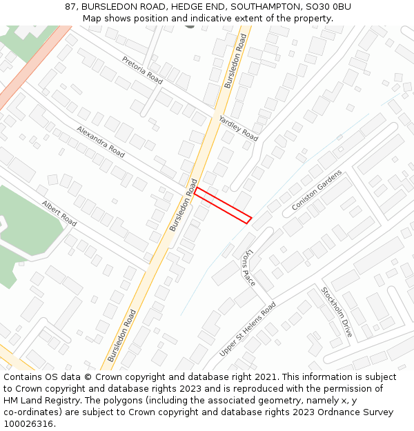 87, BURSLEDON ROAD, HEDGE END, SOUTHAMPTON, SO30 0BU: Location map and indicative extent of plot