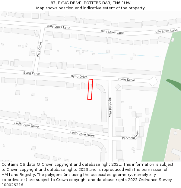 87, BYNG DRIVE, POTTERS BAR, EN6 1UW: Location map and indicative extent of plot