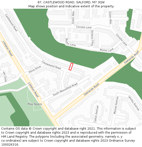 87, CASTLEWOOD ROAD, SALFORD, M7 3QW: Location map and indicative extent of plot