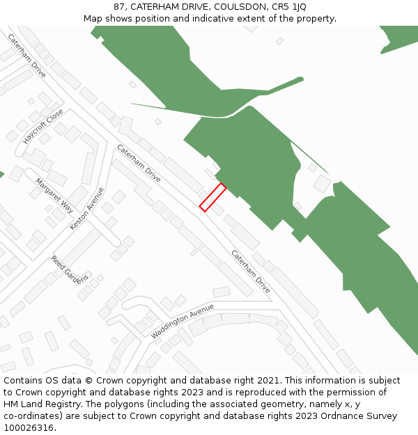 87, CATERHAM DRIVE, COULSDON, CR5 1JQ: Location map and indicative extent of plot