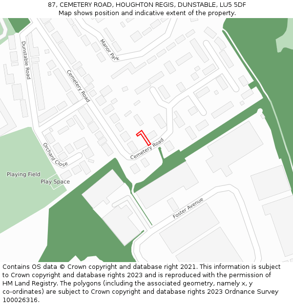 87, CEMETERY ROAD, HOUGHTON REGIS, DUNSTABLE, LU5 5DF: Location map and indicative extent of plot