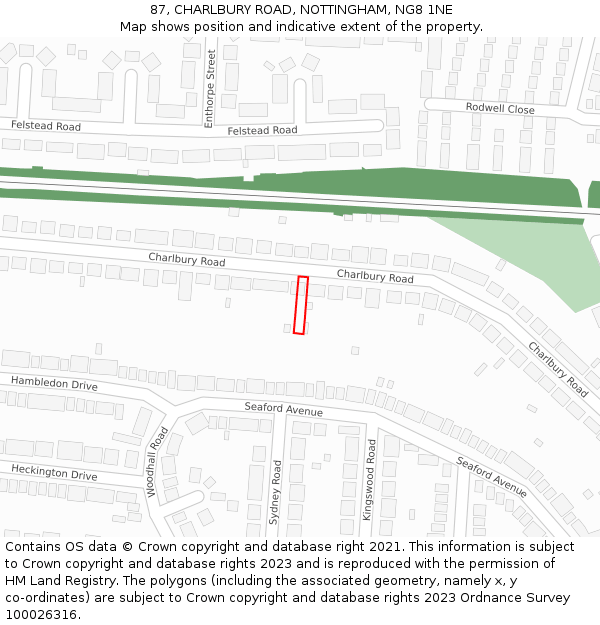 87, CHARLBURY ROAD, NOTTINGHAM, NG8 1NE: Location map and indicative extent of plot