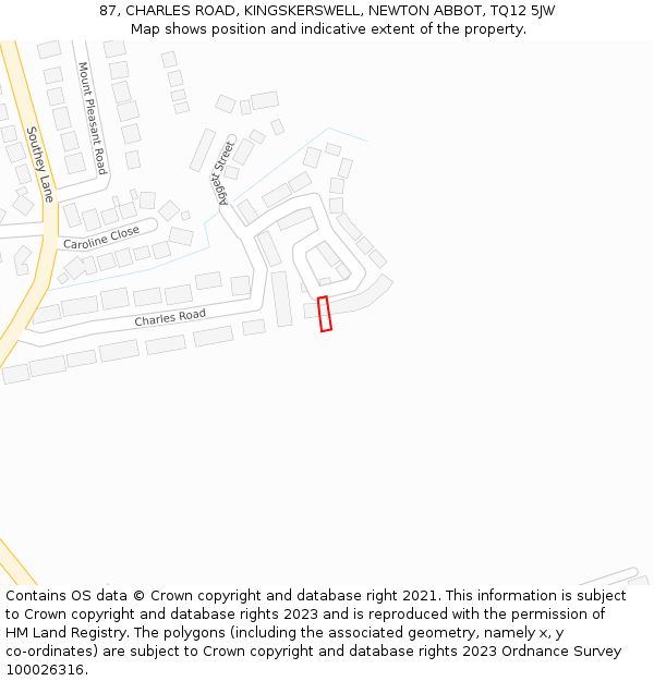 87, CHARLES ROAD, KINGSKERSWELL, NEWTON ABBOT, TQ12 5JW: Location map and indicative extent of plot
