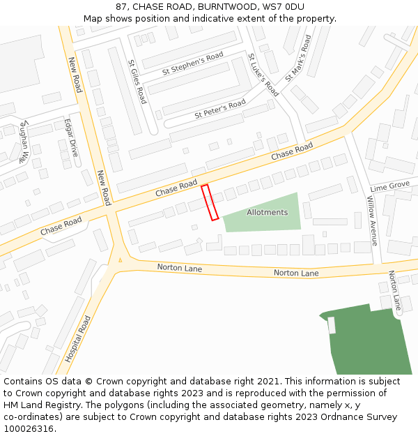 87, CHASE ROAD, BURNTWOOD, WS7 0DU: Location map and indicative extent of plot