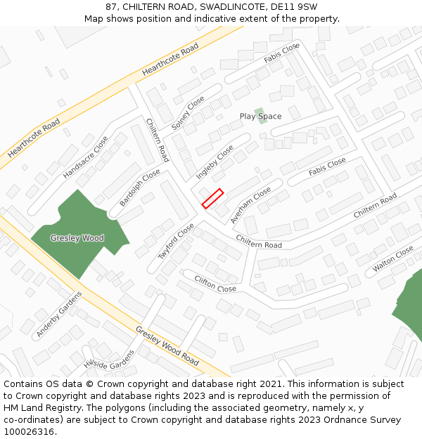 87, CHILTERN ROAD, SWADLINCOTE, DE11 9SW: Location map and indicative extent of plot