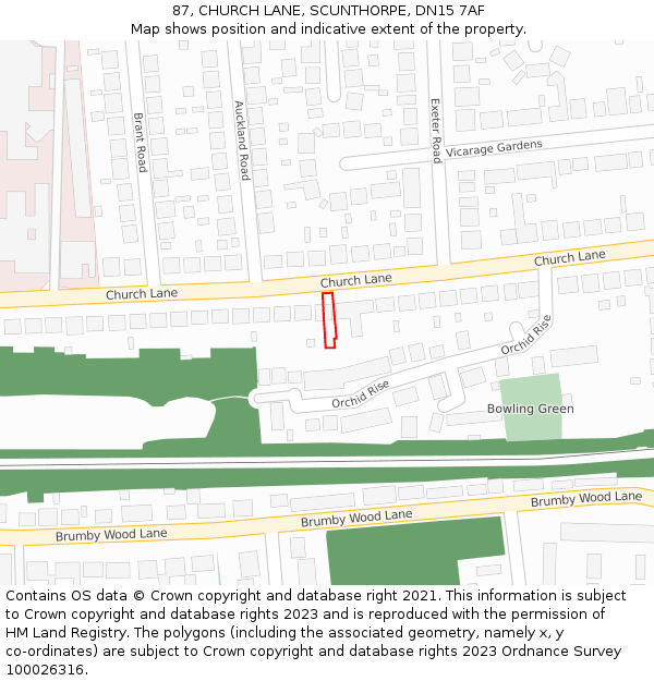 87, CHURCH LANE, SCUNTHORPE, DN15 7AF: Location map and indicative extent of plot