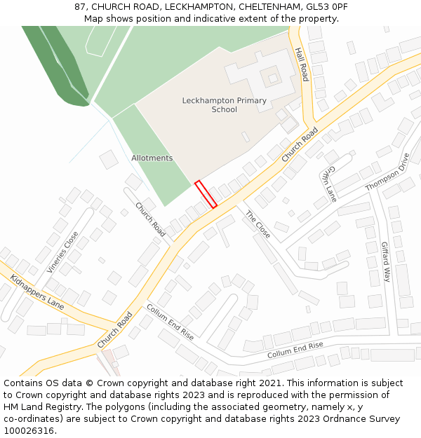 87, CHURCH ROAD, LECKHAMPTON, CHELTENHAM, GL53 0PF: Location map and indicative extent of plot