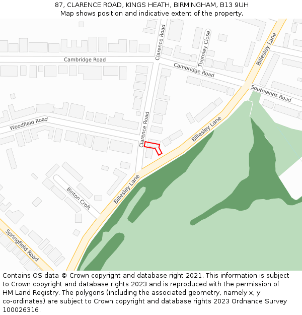 87, CLARENCE ROAD, KINGS HEATH, BIRMINGHAM, B13 9UH: Location map and indicative extent of plot