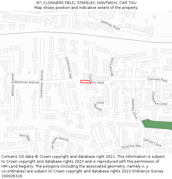 87, CLONNERS FIELD, STAPELEY, NANTWICH, CW5 7GU: Location map and indicative extent of plot