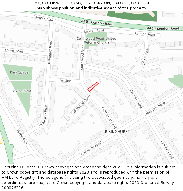 87, COLLINWOOD ROAD, HEADINGTON, OXFORD, OX3 8HN: Location map and indicative extent of plot