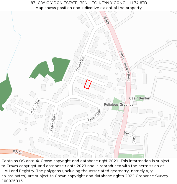 87, CRAIG Y DON ESTATE, BENLLECH, TYN-Y-GONGL, LL74 8TB: Location map and indicative extent of plot