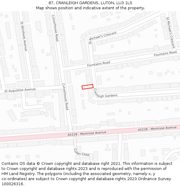 87, CRANLEIGH GARDENS, LUTON, LU3 1LS: Location map and indicative extent of plot