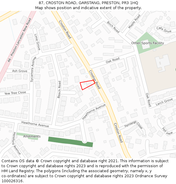 87, CROSTON ROAD, GARSTANG, PRESTON, PR3 1HQ: Location map and indicative extent of plot