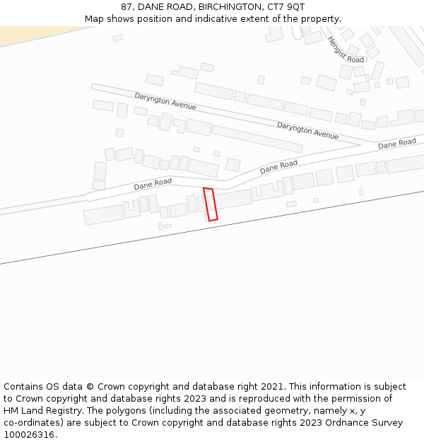 87, DANE ROAD, BIRCHINGTON, CT7 9QT: Location map and indicative extent of plot