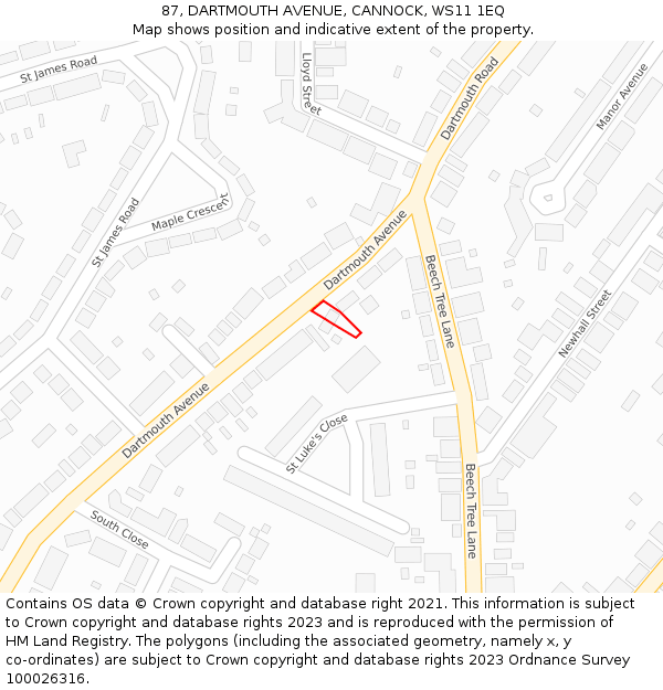 87, DARTMOUTH AVENUE, CANNOCK, WS11 1EQ: Location map and indicative extent of plot