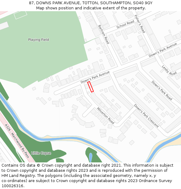 87, DOWNS PARK AVENUE, TOTTON, SOUTHAMPTON, SO40 9GY: Location map and indicative extent of plot