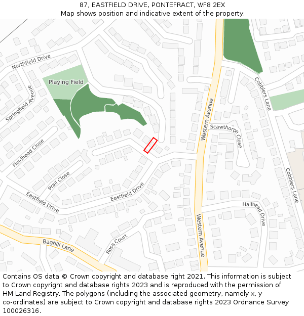 87, EASTFIELD DRIVE, PONTEFRACT, WF8 2EX: Location map and indicative extent of plot