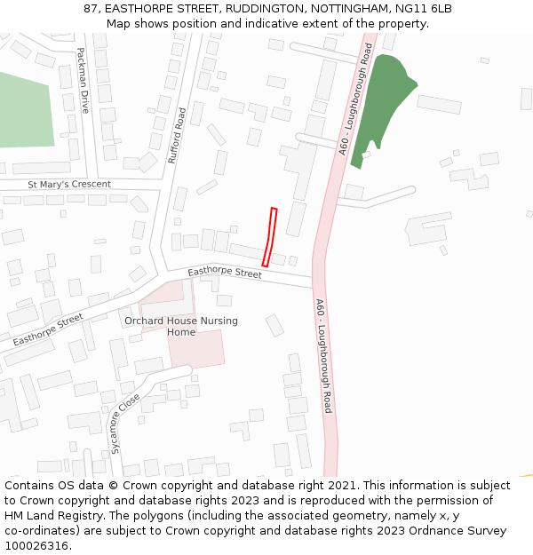 87, EASTHORPE STREET, RUDDINGTON, NOTTINGHAM, NG11 6LB: Location map and indicative extent of plot