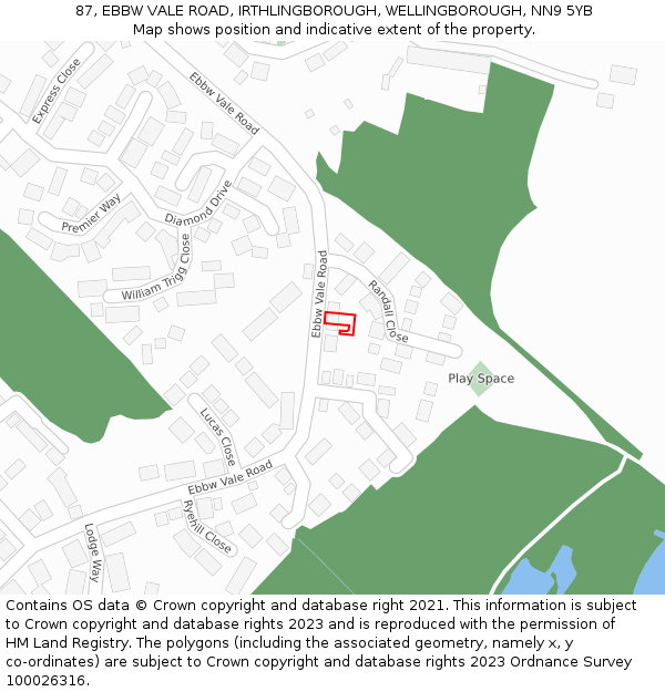 87, EBBW VALE ROAD, IRTHLINGBOROUGH, WELLINGBOROUGH, NN9 5YB: Location map and indicative extent of plot